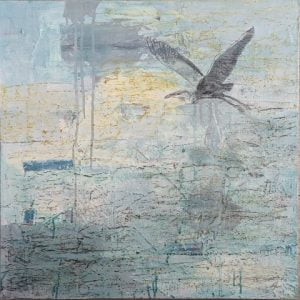 Grace - a mixed media painted showing a Great Blue Heron flying through a foggy abstract landscape.