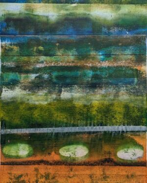 Mixed media painting with strong green tones, striped with hints of blue and orange.