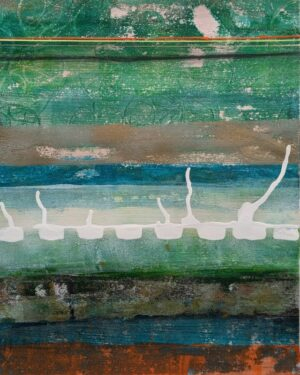 Rising - a mainly green painting with subtle stripes and a startling band of white drips "rising"