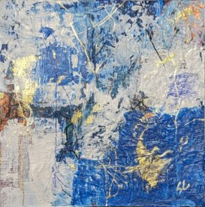 Abstract painting with blue white and gold.