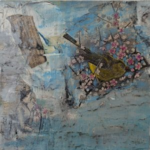 Whimsical mixed media piece featuring a Victorian lady painting and a bird in a cherry tree with cherry blossoms