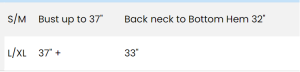 Size chart Sm/Med Bust to 37